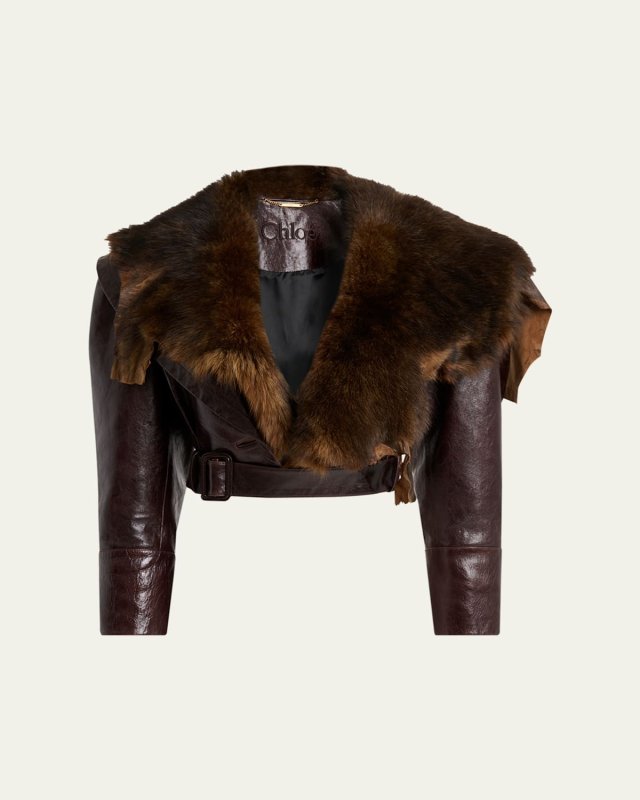 Shiny Leather Crop Moto Jacket With Removable Lamb Shearling Collar